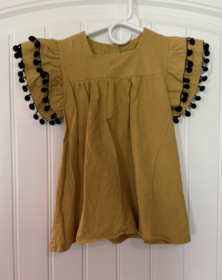 Girls Mustard Flutter Sleeve Pom Pom Top | Size Large | Boutique Style