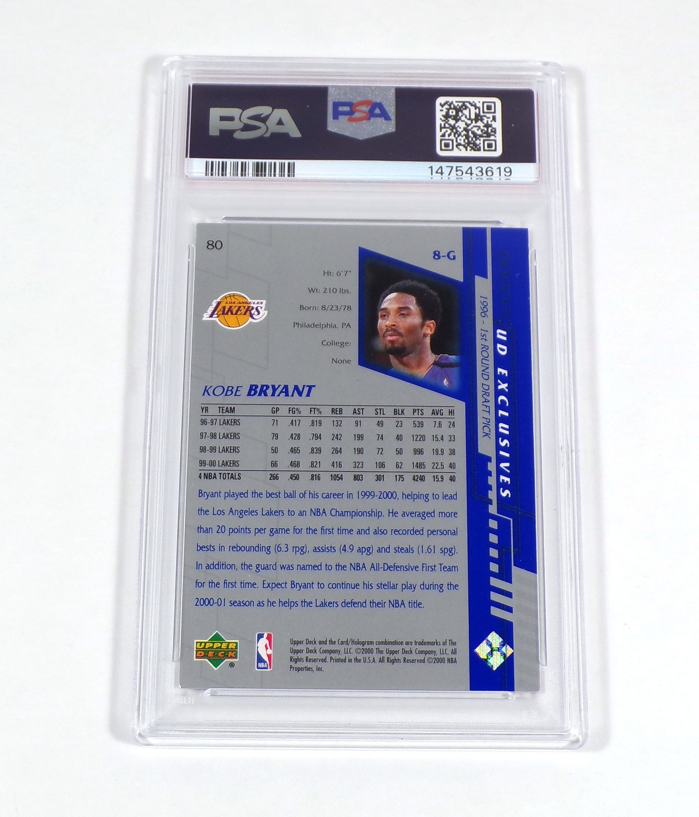 2000-01 Upper Deck Kobe Bryant Exclusives Silver #80 /500 Lakers PSA 7 view 2