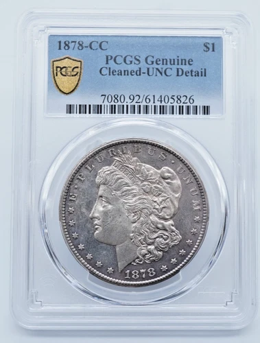 1878-CC Morgan Silver Dollar PCGS Genuine Cleaned UNC Detail Gold Shield - T186