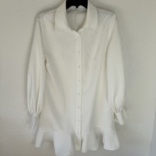 Prettty Little Thing White Button Up Shirt Dress Size 6 Ruffle Workwear 90s Y2K
