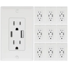 10 Pack -  Wall Outlet 15 Amp, UL Listed, USB C & USB a Port, Self-Test with LED