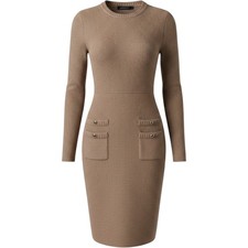 Classic Parisian MEROKEETY Ribbed Knit Sweater Dress Old Money Luxury Beige SM