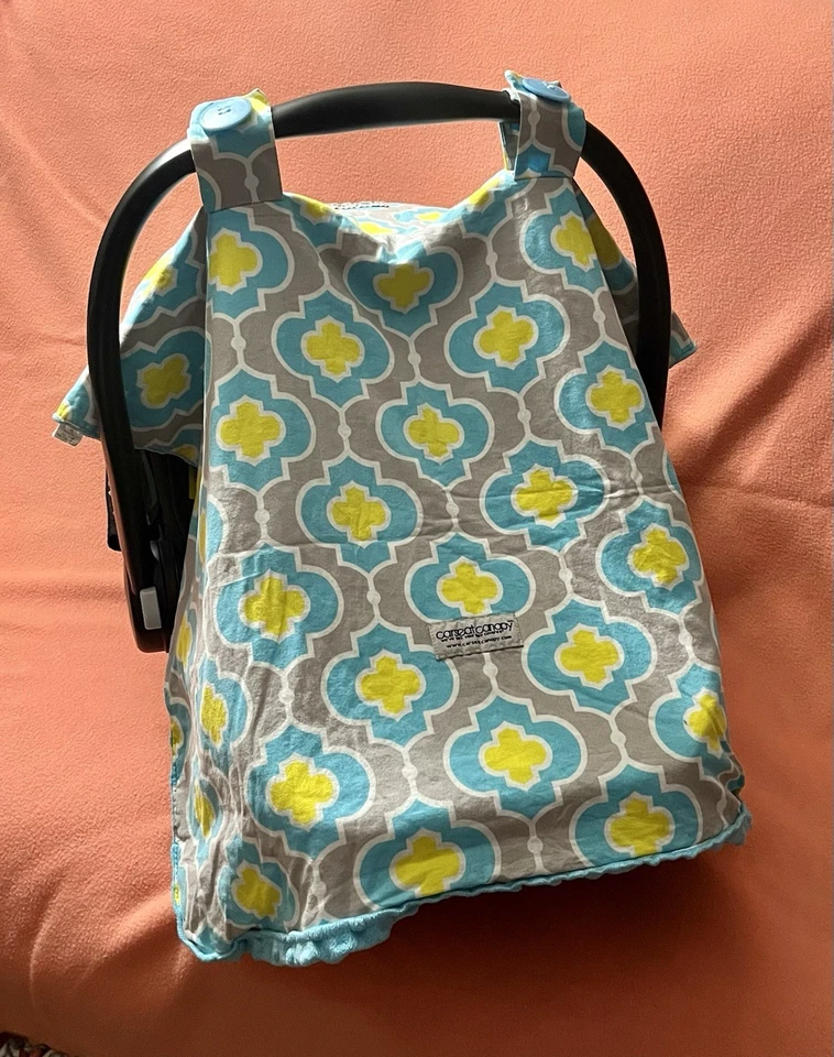Carseat Canopy • Blue + Yellow Design • Minky Fleece • Baby Car Seat Cover - Image 2 of 4