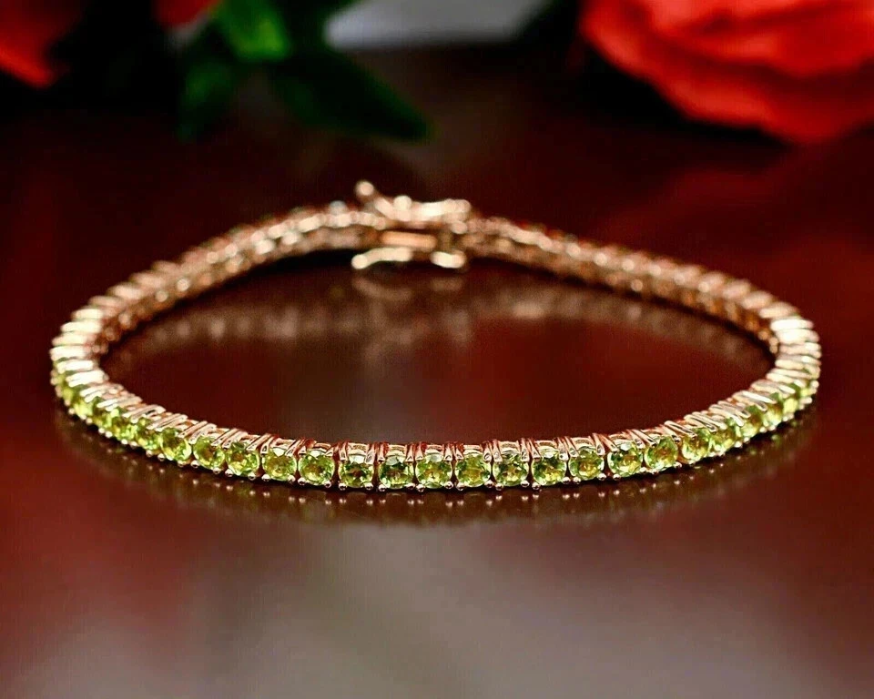 8Ct Lab Created 3MM Round Cut Peridot Tennis Bracelet 14K Rose Gold Plated - Image 3 of 4