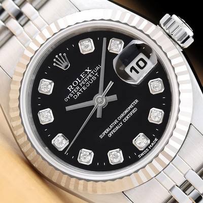 ROLEX LADIES DATEJUST 69174 BLACK FACTORY DIAMOND DIAL 18K GOLD