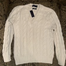 Polo Ralph Lauren Men's Hand Knit Cable Cotton-Cashmere Sweater V-Neck Grey Wall