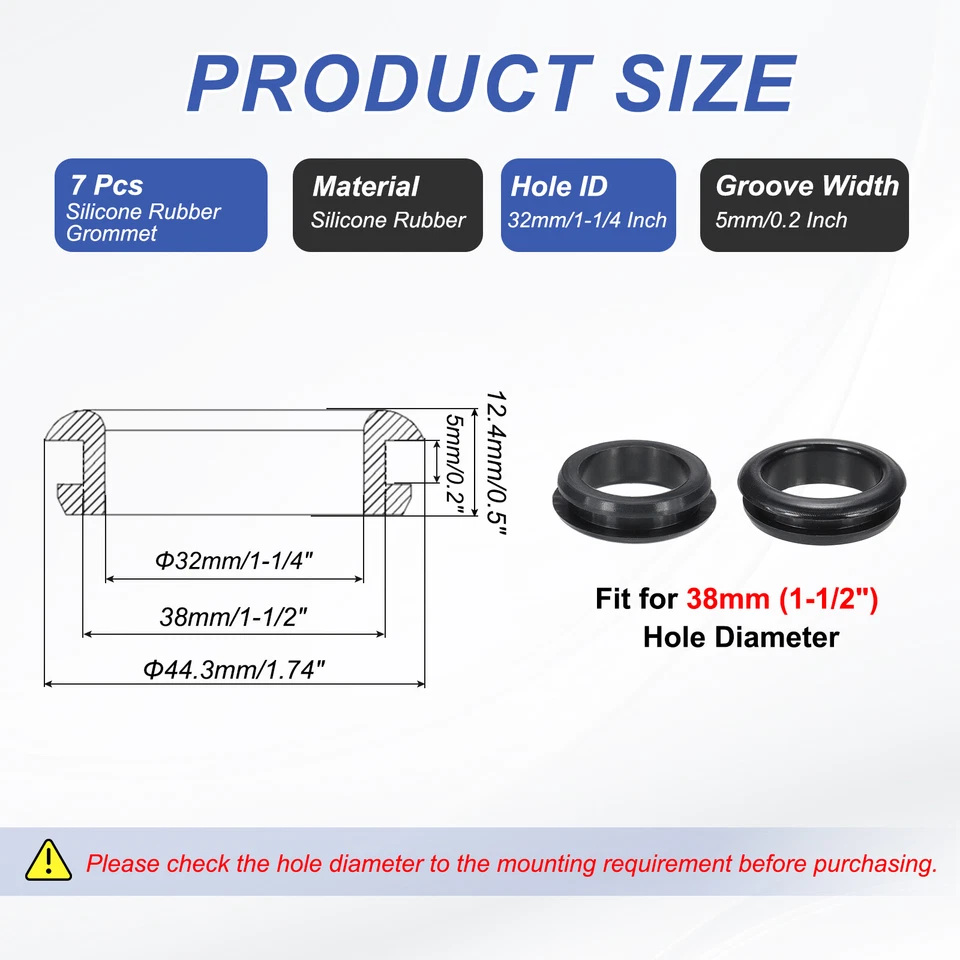 7 Pcs 1-1/2"(32mm) ID., 1-1/4"(38mm)Drill Hole Silicone Rubber Grommets, Black Foto 2 de 4