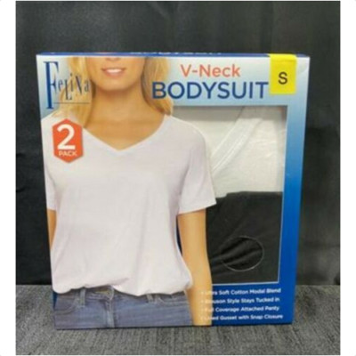 Felina 2 Pack V-Neck Bodysuit Blouson Style Full Coverage Ultra Soft SIZE SMALL