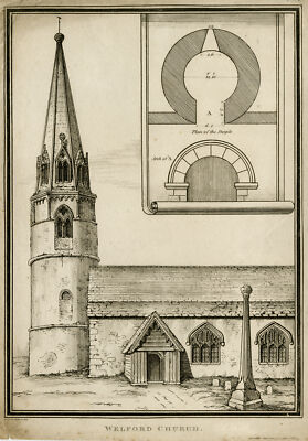 Antiker Druck-Architektur-Welford Kirche in Gloucestershire-England-Lysons-1803