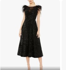 Mac Duggal Black Feather Shoulder Beaded Tulle A-Line Midi Dress Size 14 $598