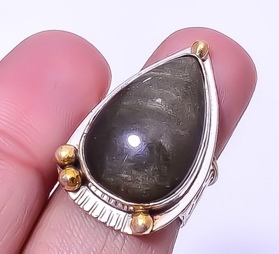 Golden Sheen Obsidian 925 Sterling Silver Two Tone Gold Plated Ring s.6 A397