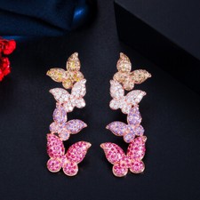 Rose Gold Plated Purple Red CZ Butterfly Long Drop Dangle Earrings for Brides