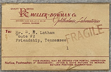Vintage Muller-Bowman Co Ophthalmic Laboratories Label on Cardboard Jackson, TN
