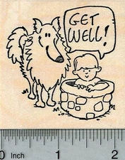 Get Well Collie Rubber Stamp, Boy with Dog J29509 Wood Mounted