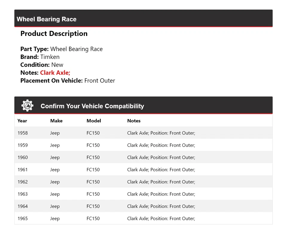 For 1958-1965 Jeep FC150 Wheel Bearing Race Front Outer Timken 1959 1960 1961 - Image 2 of 4
