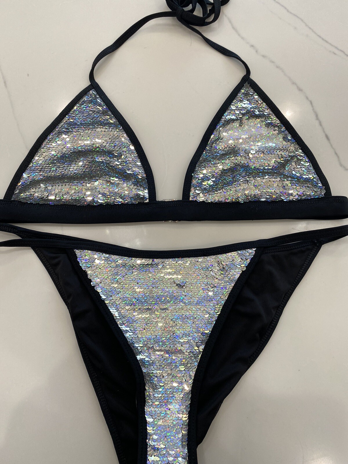Silver Sequin Bikini Top & Cheeky Bottom Sz M RARE St… Gem