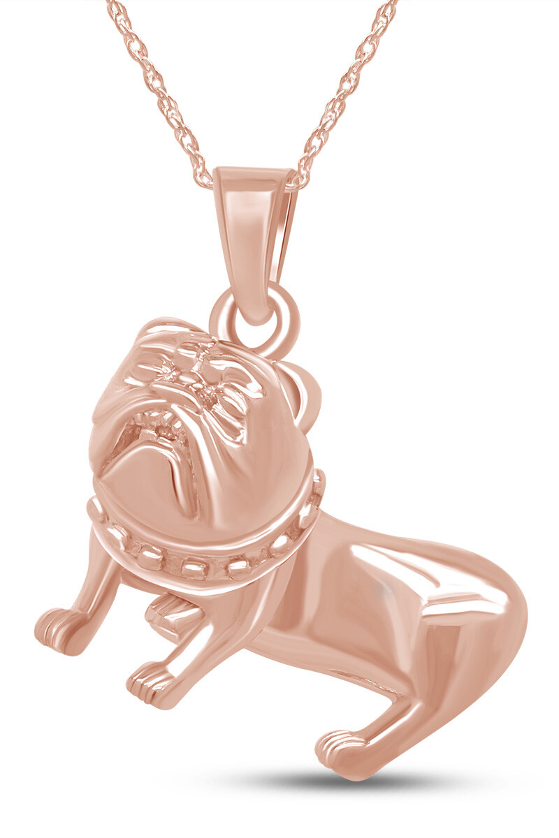 Bulldog Charm Pendant Necklace 10K Solid Gold, 18" Rope Chain
