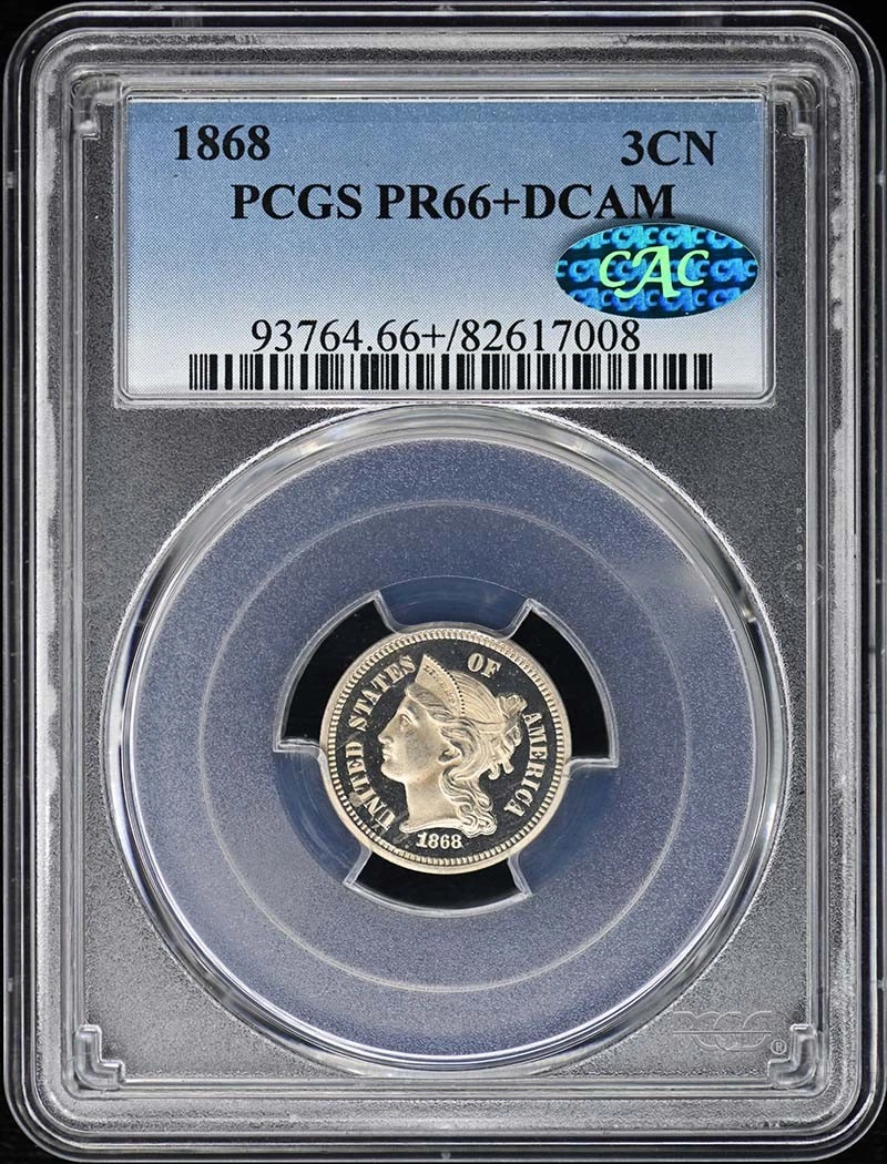 1868 3CN Three Cent Nickel PCGS PR66+DCAM (CAC)