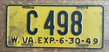 1949 WEST VIRGINIA LICENSE PLATE #C498 Good Used Condition