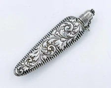 Ornate Antique Sterling Silver Repousse Chatelaine Perfume Scent laydown Bottle
