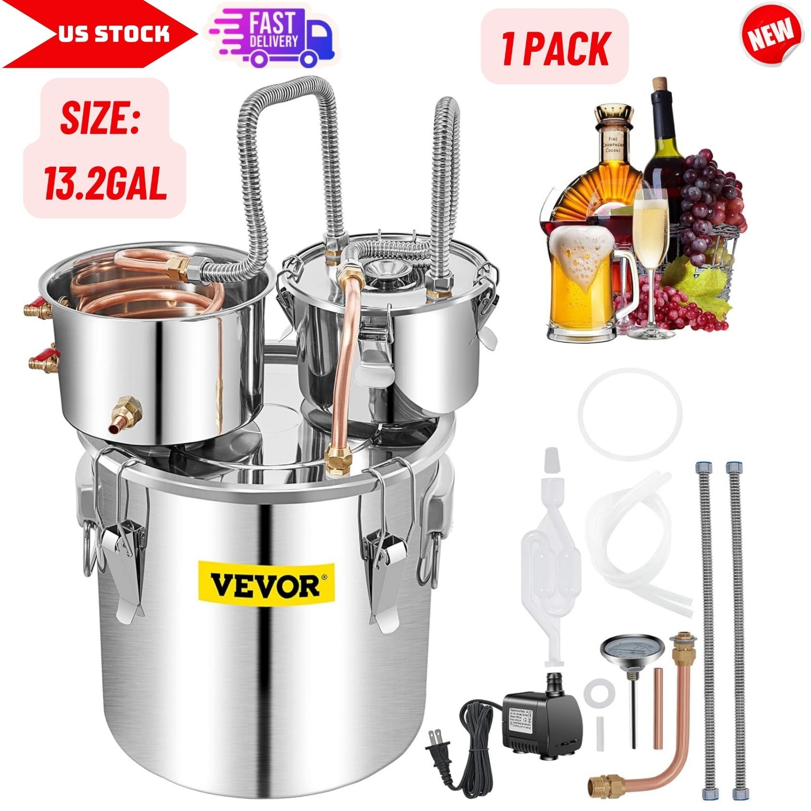 Alcohol Still 13GAL/50L, Alcohol Distiller w/ Thumper Keg Distillery Kit Brewing