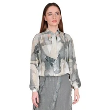 NWT Bl^nk Grey Marble Print Neck Tie Sheer Gold Lorex Thread Moira Shirt XS