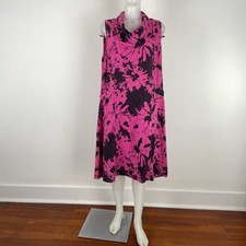 VTG Mosaic Dress 100% Linen Pink Black Floral Shawl Cowl Neck Collar SZ L