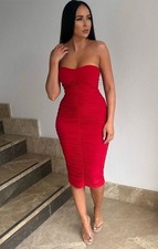 Femme Luxe Red Ruched Bandeau Midi Bodycon Dress Size 6 Strapless Party BNWT