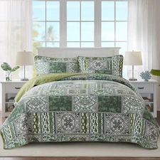NEWLAKE Cotton Bedspread Quilt Sets-Reversible Patchwork Coverlet Set, Green ...