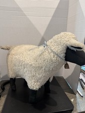 Vintage Plush Sheep Lamb Figurine Cream Sherpa Black Face, Legs Blue Ribbon Bell