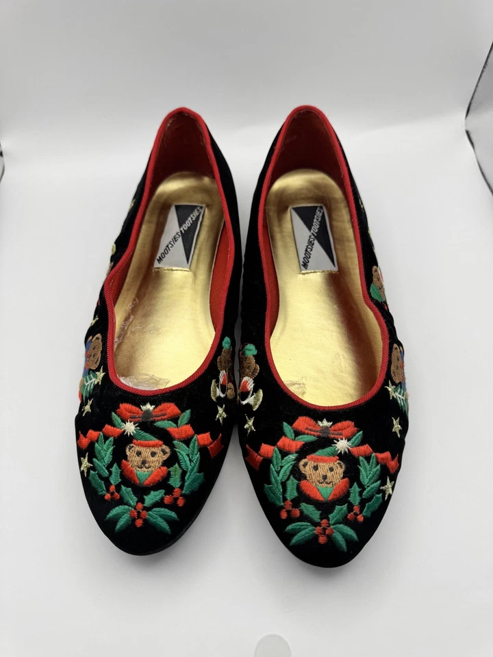 Винтажные Wootsies Tootsies Рождественские Плоские Плюшевый Медведь Вышитые Туфли 10 М - Изображение 3 из 4