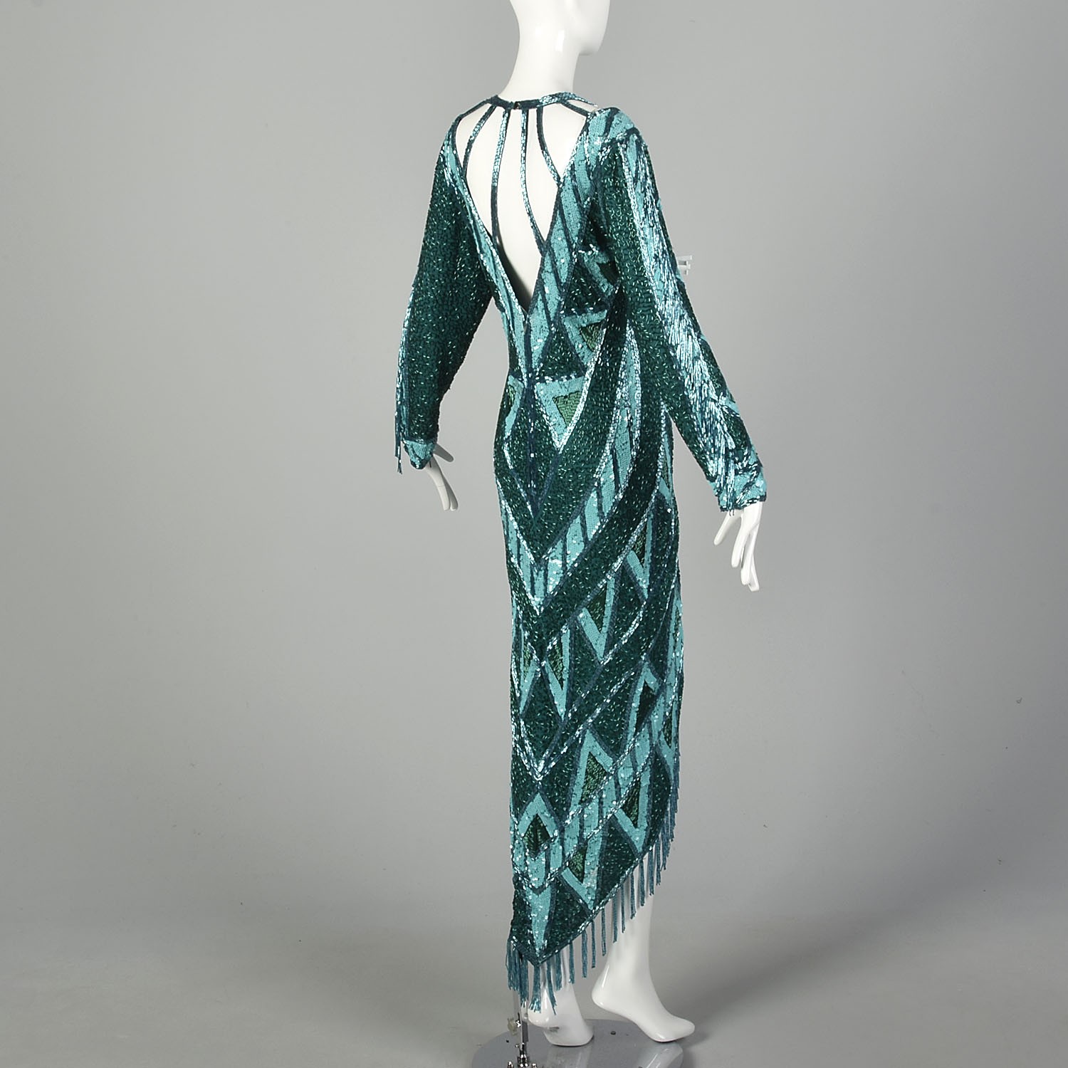 1980s Large Bob Mackie Beaded Gown Caged Back Hi Low Beaded Fringe Hem VTG 80s image 3
