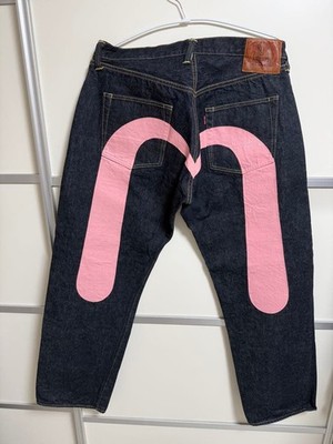 EVISU Pink Art Denim Pants Size 42X32 Used in Japan Unique Design