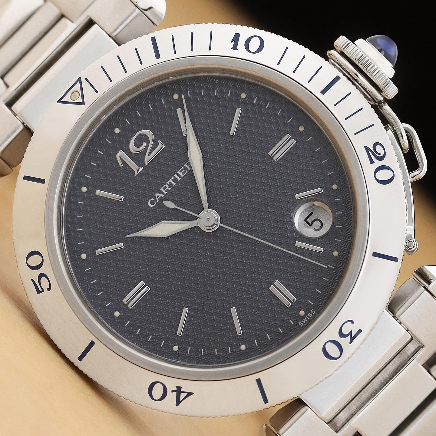 CARTIER PASHA MENS W3101755 38MM GUILLOCHE GRAY DIAL STAINLESS STEEL WATCH