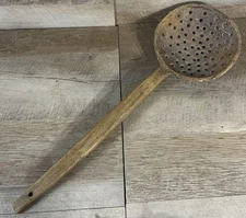 Antique European Hand Carved Wooden Skimmer Strainer Ladle 19th Cent Iron Repair