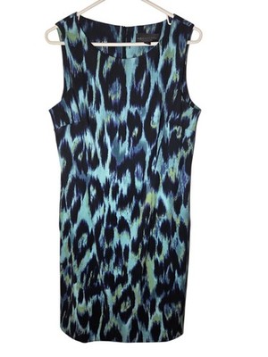 Connected Apparel Sleeveless Abstract Animal Print Black Aqua Shift Dress 12