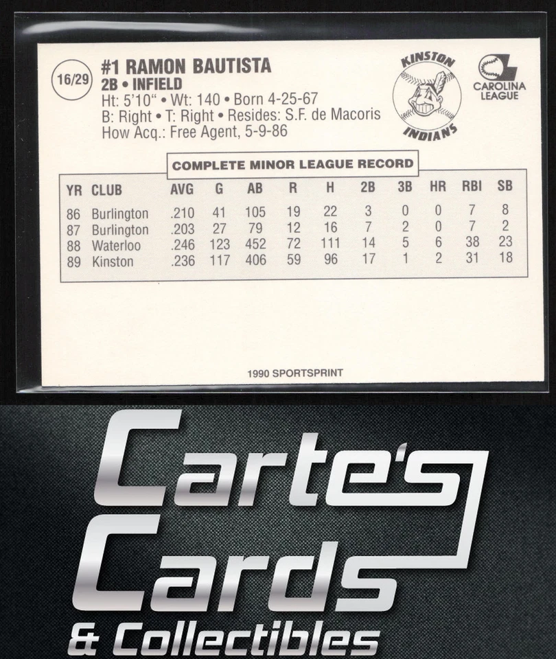 Ramon Bautista 1990 Sportsprint Kinston Indians #16 Kinston Indians - Image 2 of 2