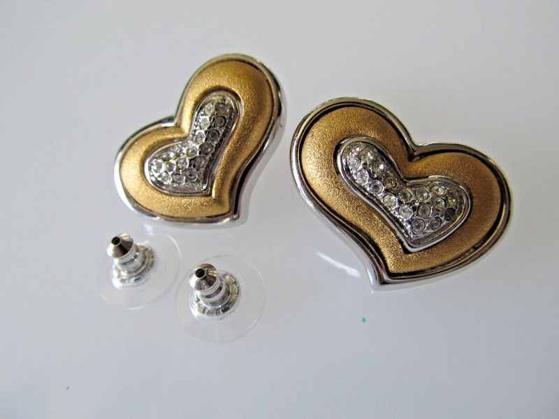 Vintage Two-toned Metal Rhinestone Asymmetrical Heart Earrings