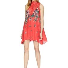 FREE PEOPLE Marsha Dress Red Lace Floral Swing Mini Dress Extra Small XS