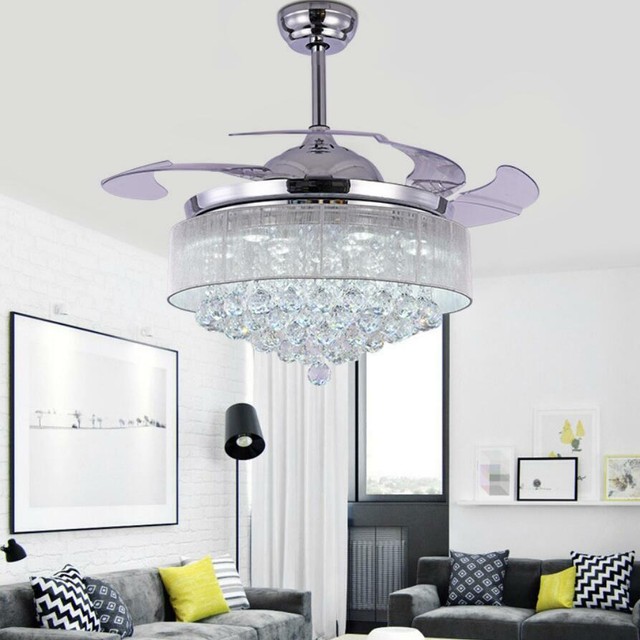 42 Led 36w Chandelier Crystal Living Room Invisible Ceiling Fan Light W Remote