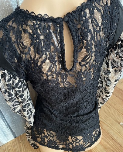 Free People Romantic Black Lace Blouse Leopard Puff Sleeve Top Size Small NEW - Picture 6 of 12