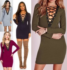 Womens ladies summer long Sleeve V Neck Lace Up Mini party Dress club wear 8-14