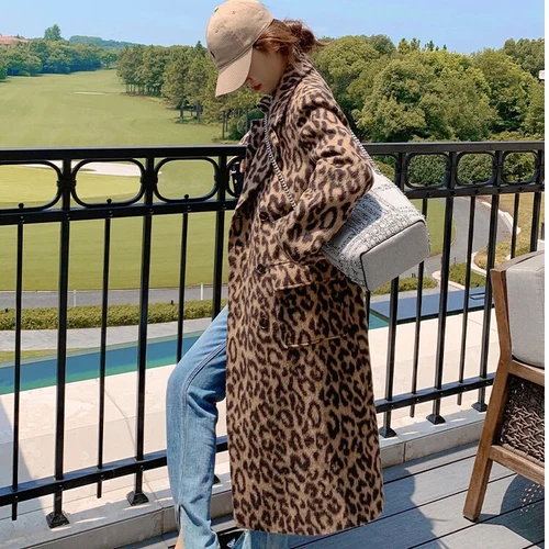 New Spring Women's Wool Coat with Leopard Print Loose Long Sleeved Fashion - Picture 14 of 24