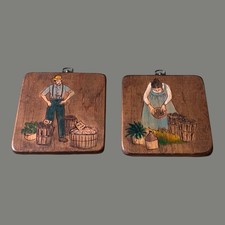 Two Hand Carved Wooden Folk Art Wall Hanging Wood Plaque Country Decor Vintage