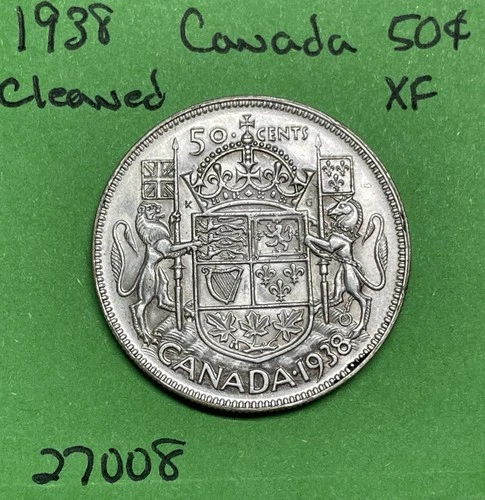 1938 Canada 🇨🇦 50 Cents Canadian Half Dollar Xf  Cleaned