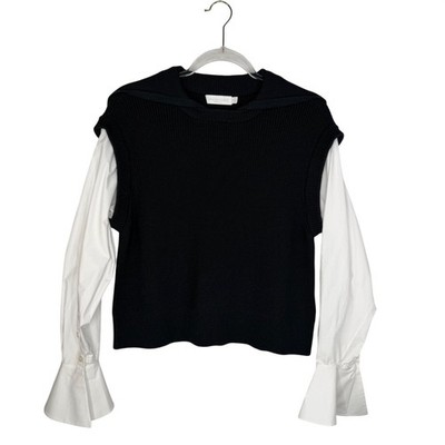 Jonathan Simkhai Debbie Poplin Knit Combo Shirt Vest Black & White Size Small