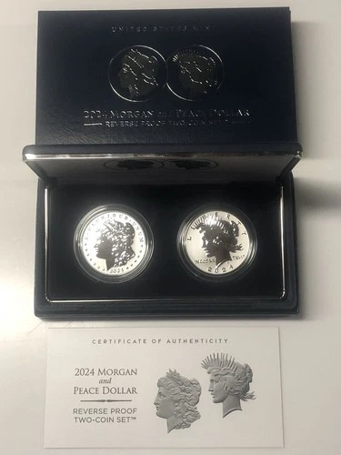 2024-S Reverse Proof $1 Morgan and Peace Silver Dollar 2pc Set Box ,OGP, 24XS