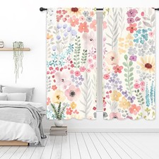 Colorful Floral Curtains Pink Cute Boho Wildflower Trendy Plant Leaves Botani...