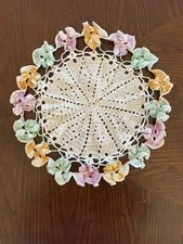 Vtg Handmade Crochet Pansy Doily Large Floral 10.5” Diameter Orange Green Pink