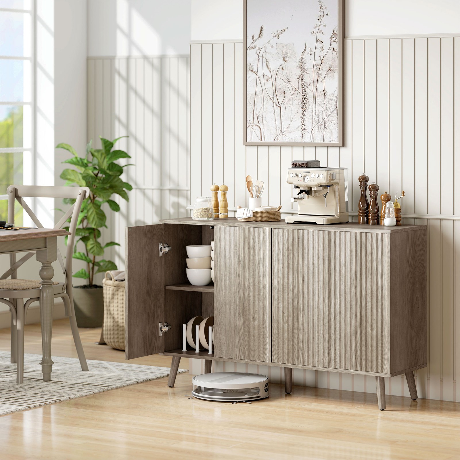 HOMCOM Sideboard, Fluted Buffet Cabinet with Adjustable Shelves, Light Grey